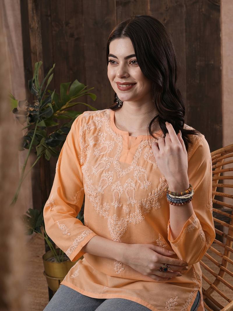 Hand Embroidered Peach Cotton Lucknow Chikan Women Top