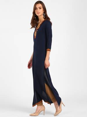 Women blue Embroidered Straight Kurta 2