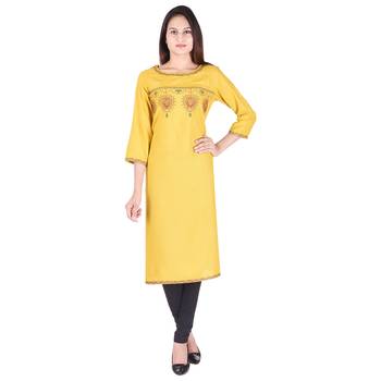Women Mustard Embroidered Straight Kurta 1