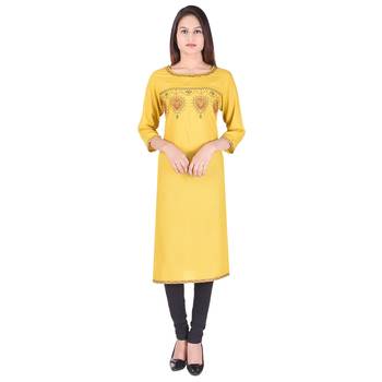 Women Mustard Embroidered Straight Kurta 2