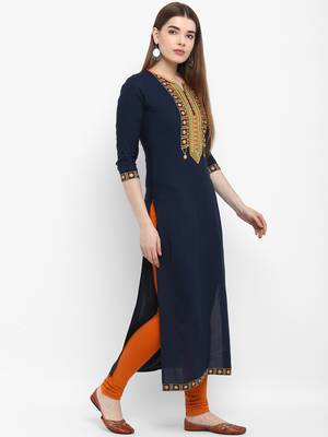 Women blue Embroidered Straight Kurta 2