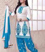 White and blue embroidered cotton unstitched patiala suit with dupatta