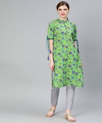 Women Green Floral Straight Cotton Kurta 1