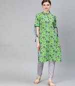 Women Green Floral Straight Cotton Kurta