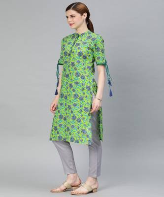 Women Green Floral Straight Cotton Kurta 2