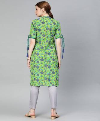Women Green Floral Straight Cotton Kurta 3