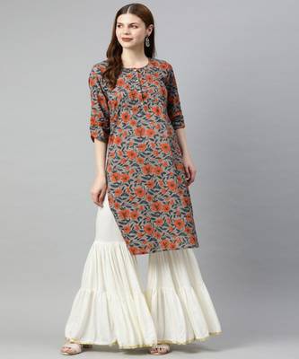 Women Grey Floral Straight Cotton Kurta 1