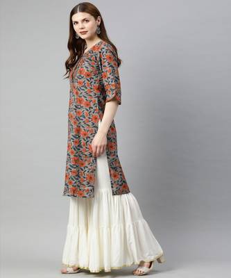 Women Grey Floral Straight Cotton Kurta 2