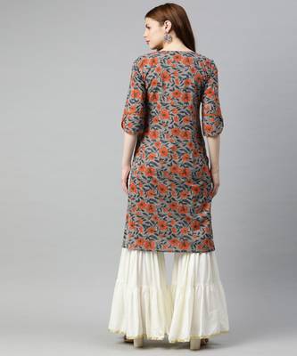 Women Grey Floral Straight Cotton Kurta 3