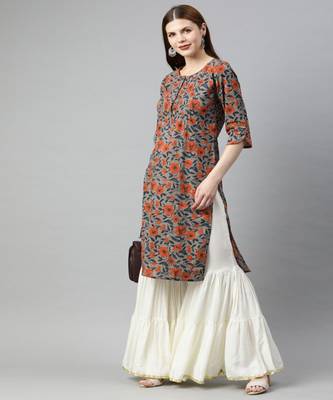 Women Grey Floral Straight Cotton Kurta 5