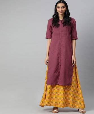 Women Pink Solid Straight Cotton Slub Kurta 1