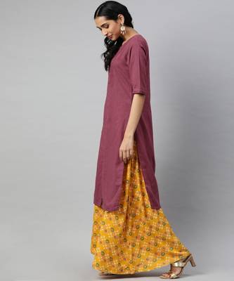 Women Pink Solid Straight Cotton Slub Kurta 2