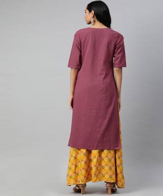 Women Pink Solid Straight Cotton Slub Kurta 3