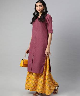 Women Pink Solid Straight Cotton Slub Kurta 5