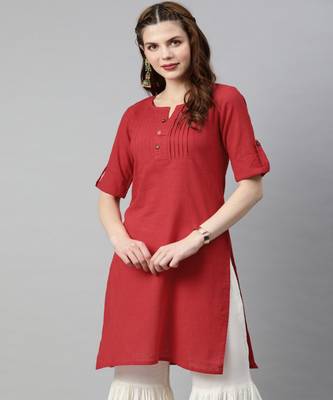 Women Red Solid Straight Cotton Slub Kurta 1