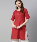 Women Red Solid Straight Cotton Slub Kurta