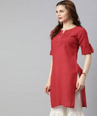 Women Red Solid Straight Cotton Slub Kurta 2