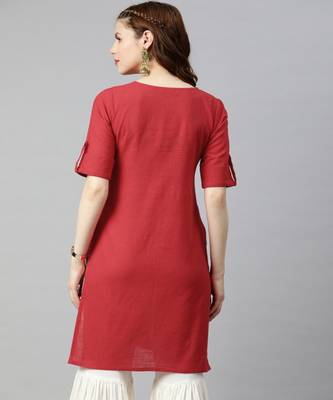 Women Red Solid Straight Cotton Slub Kurta 3