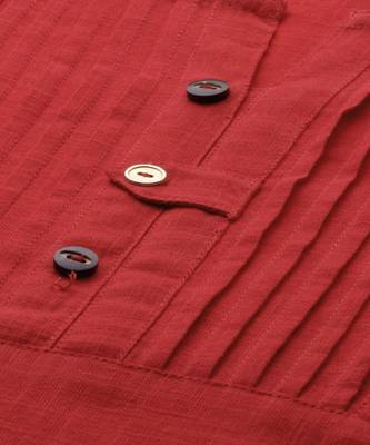 Women Red Solid Straight Cotton Slub Kurta 4