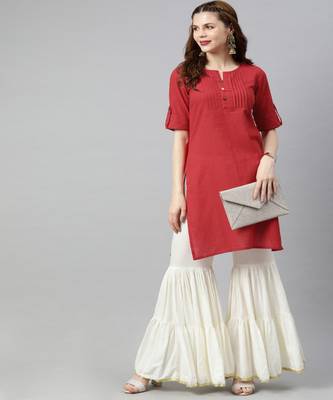 Women Red Solid Straight Cotton Slub Kurta 5