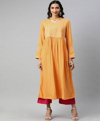 Women Mustard Solid A-Line Rayon Kurta 1