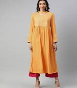 Women Mustard Solid A-Line Rayon Kurta