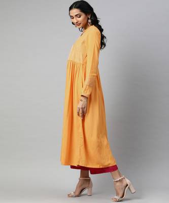 Women Mustard Solid A-Line Rayon Kurta 2