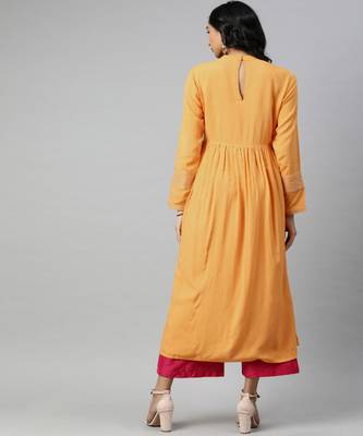 Women Mustard Solid A-Line Rayon Kurta 3