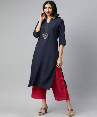 Women Navy Blue Solid Straight Rayon Kurta 1