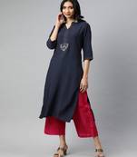 Women Navy Blue Solid Straight Rayon Kurta