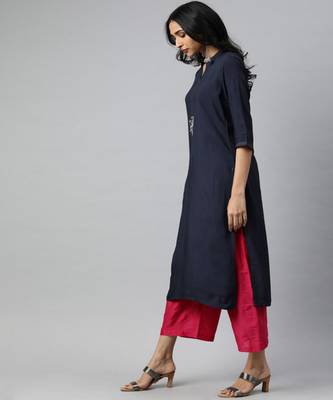 Women Navy Blue Solid Straight Rayon Kurta 2
