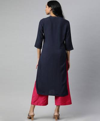 Women Navy Blue Solid Straight Rayon Kurta 3