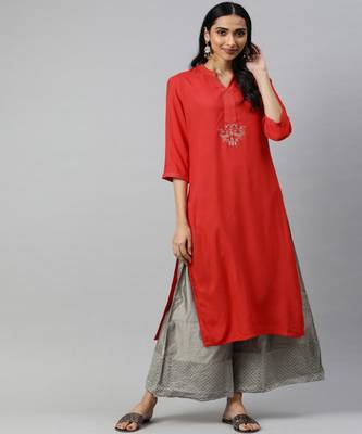 Women Red Solid Straight Rayon Kurta 1