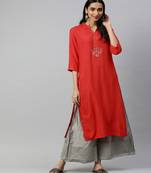 Women Red Solid Straight Rayon Kurta