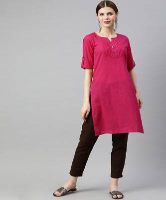 Women Pink Solid Straight Cotton Slub Kurta 1