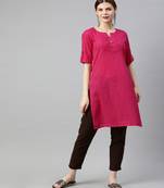 Women Pink Solid Straight Cotton Slub Kurta