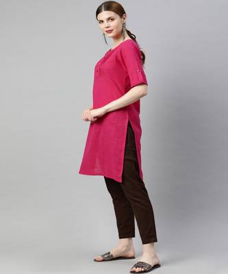 Women Pink Solid Straight Cotton Slub Kurta 2