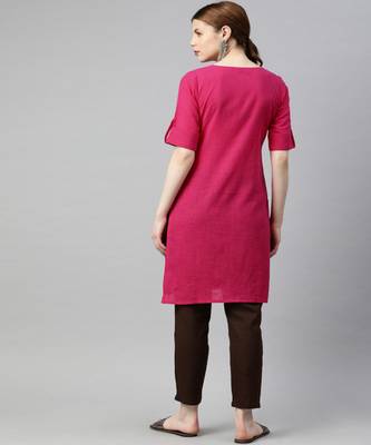 Women Pink Solid Straight Cotton Slub Kurta 3