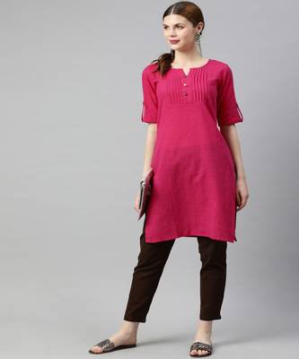 Women Pink Solid Straight Cotton Slub Kurta 5