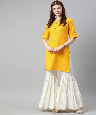 Women Yellow Solid Straight Cotton Slub Kurta 1
