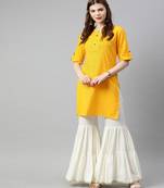 Women Yellow Solid Straight Cotton Slub Kurta