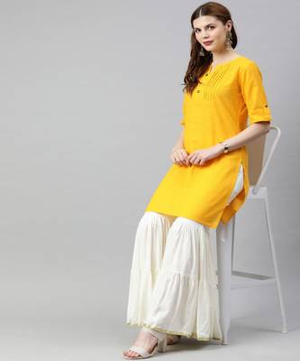 Women Yellow Solid Straight Cotton Slub Kurta 5