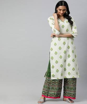 Women Off White Ethnic Motifs Straight Cotton Flex Kurta 1