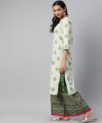 Women Off White Ethnic Motifs Straight Cotton Flex Kurta 2