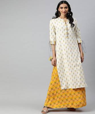 Women Off White Ikat Straight Cotton Flex Kurta 1