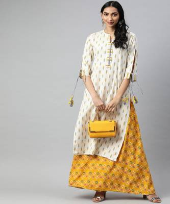 Women Off White Ikat Straight Cotton Flex Kurta 5
