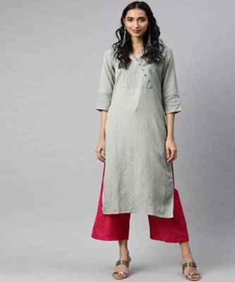 Women Grey Solid Straight Rayon Slub Kurta 1