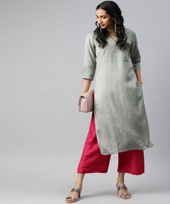 Women Grey Solid Straight Rayon Slub Kurta 5