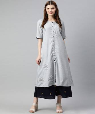 Women Grey Self Design A-Line Handloom Kurta 1