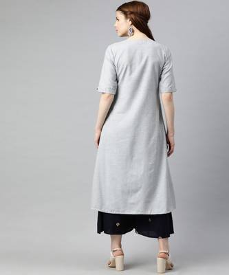 Women Grey Self Design A-Line Handloom Kurta 3